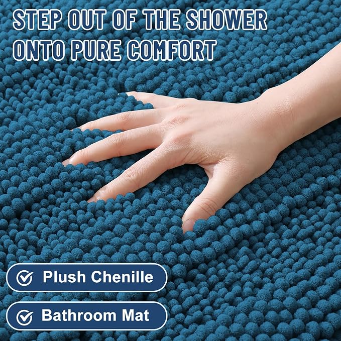 Grandaily Chenille Striped Bathroom Rugs 30x20, Extra Thick and Absorbent Bath Mats, Non-Slip Soft Plush Shaggy Shower Carpet, Machine Wash Dry, Bath Rug for Bathroom, (Medium, Peacock Blue)