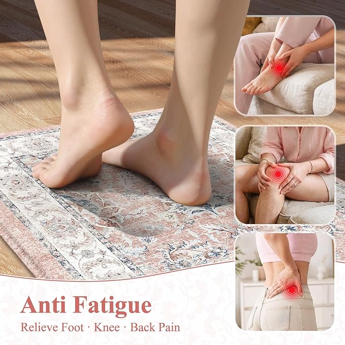 KIMODE Anti Fatigue Mats for Kitchen Floor, Boho Floral Kitchen Rugs Sets of 2, Cushioned Kitchen Floor Mats, Comfort Standing Desk Mat for Sink, Laundry, Desk Pink Multi 17"x29.5"+17" x47”