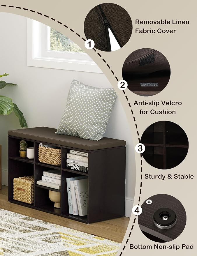 DINZI LVJ Shoe Bench, 9 Cubbies Shoe Organizer for Entryway, Storage Bench with Cushion, Cubby Shoe Rack with Adjustable Shelves for Living Room, Bedroom, Mudroom, Hallway, Espresso