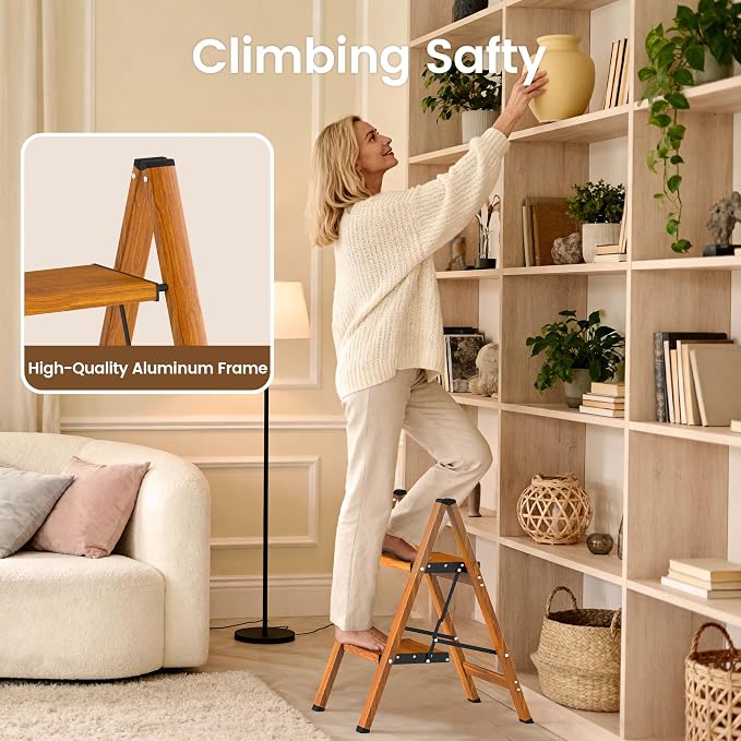 HBTower Step Ladder,Lightweight Aluminum Folding Step Stool with Anti-Slip Wide Pedal,330lbs Capacity Step Ladder for Household,Kitchen,Office - Woodgrain