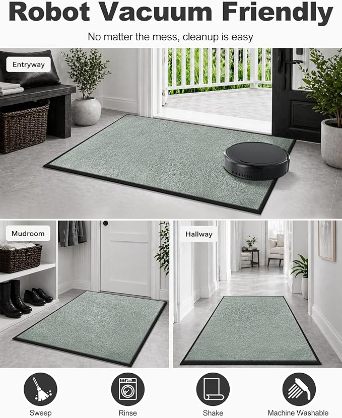 Mibao Front Door Mat Indoor Entrance, 29.5" x 17", Dirt Trapper Welcome Mat for Outdoor Indoor, Non-Slip Waterproof Doormat, Durable Machine Washable Low Profile Entry Rug for Back Door Outside,Green