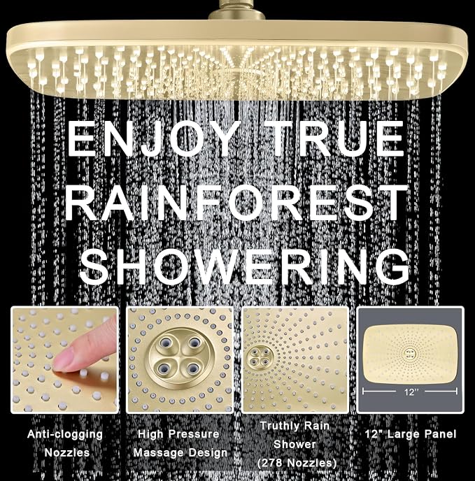 BOZYBO Rain Shower Head with Handheld: High Pressure Shower Heads with Handheld Spray Combo, 12" Rainfall Shower Head and 9 Sprays Hand Showerheads with Magnetic Docking and Power Jets, Desert Gold