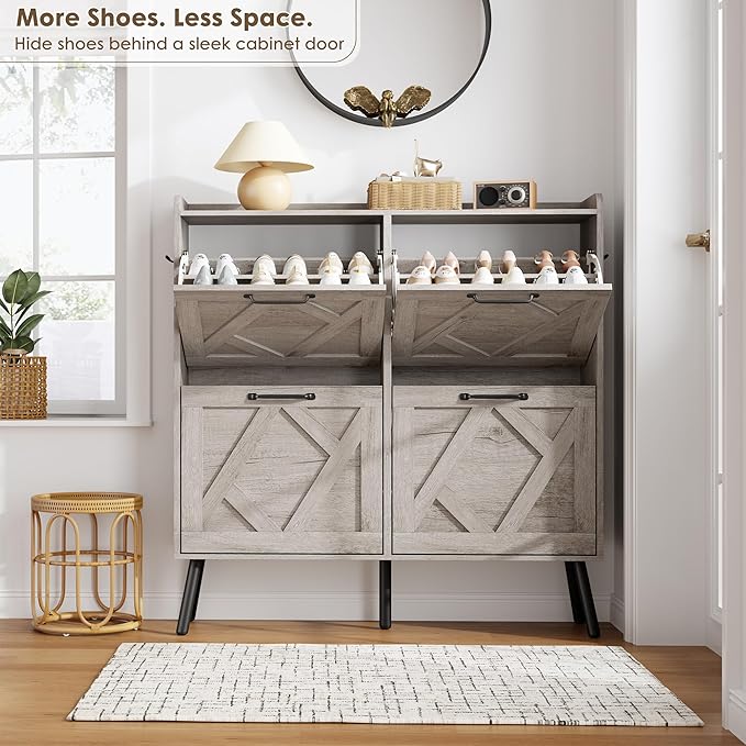 Nicetree Shoe Cabinet with 4 Flip Drawers, Freestanding Shoe Organizer Cabinet, Farmhouse Narrow Shoe Storage Cabinet for Entryway, Foyer, Hallway, Gray