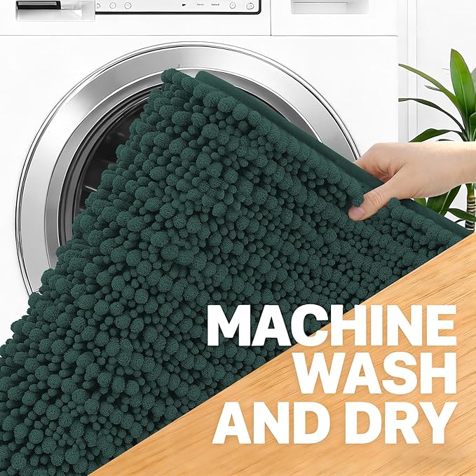 OLANLY Bathroom Rug Mat 44x24, Thick Soft and Absorbent Chenille Bath Mat, Non-Slip Rubber Backing, Machine Washable Quick Dry Bath Rugs for Tub Shower Floor, Home Decor Accessories, Blackish Green