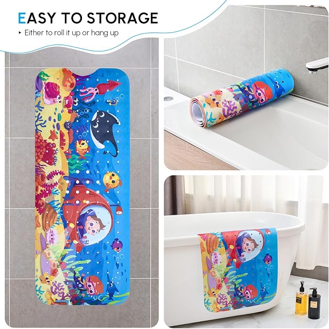 Bath Mats for Tub Kids - Large Cartoon Non-Slip Bathroom Bathtub Kid Mat for Baby Toddler Anti-Slip Shower Mats for Floor 40x16,with Drain Holes and Suction Cups Machine Washable, Boy - Submersible