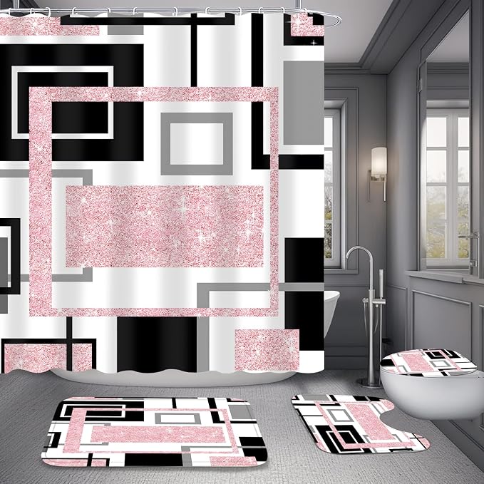 Yddsky 4 Pcs Pink Geometric Shower Curtain Sets Non-Slip Bath Rugs, Bathroom Accessories,Bathroom Sets with Shower Curtain and Rugs, Pink Geometric Modern Bathroom Decor with 12 Hooks