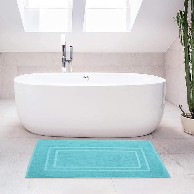 Feather & Stitch 2 Piece Towel Like Bath Mats (30x21 Inch) 100% Cotton Terry Bath Mats, Bathroom Shower Floor Mats [NOT A Bathroom Rug], Soft Absorbent Washable Mats - Aqua