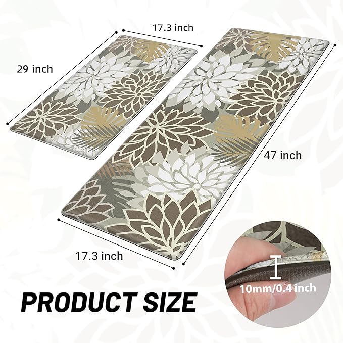 Kitchen Mats for Floor 2PCS Cushioned Anti Fatigue Kitchen Mats Waterproof Non Slip Kitchen Mat Rug Set Comfort Foam Standing Mat for Sink, Laundry, Office,17.3" x 28" + 17.3" x 47", Brown White