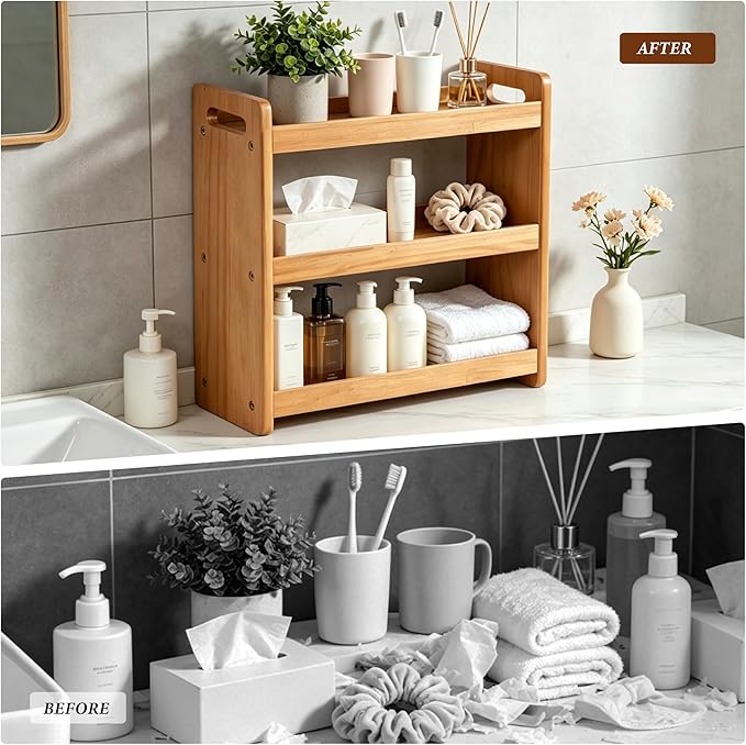 Bathroom Counter Organizer, 3 Tier Bathroom Countertop Organizer, Bathroom Counter Shelf, Wooden Makeup Organizers Countertop, Bathroom Vanity Organizers and Storage for Bedroom, Gifts