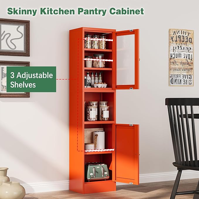Slim Pantry Cabinet with Hutch, 67" Tall Narrow Storage Cabinets for Small Space,Narrow Metal Corner Cabinet with 3 Adjustable Shelves, Freestanding Tall Bathroom Cabinet for Entryway, Living Room