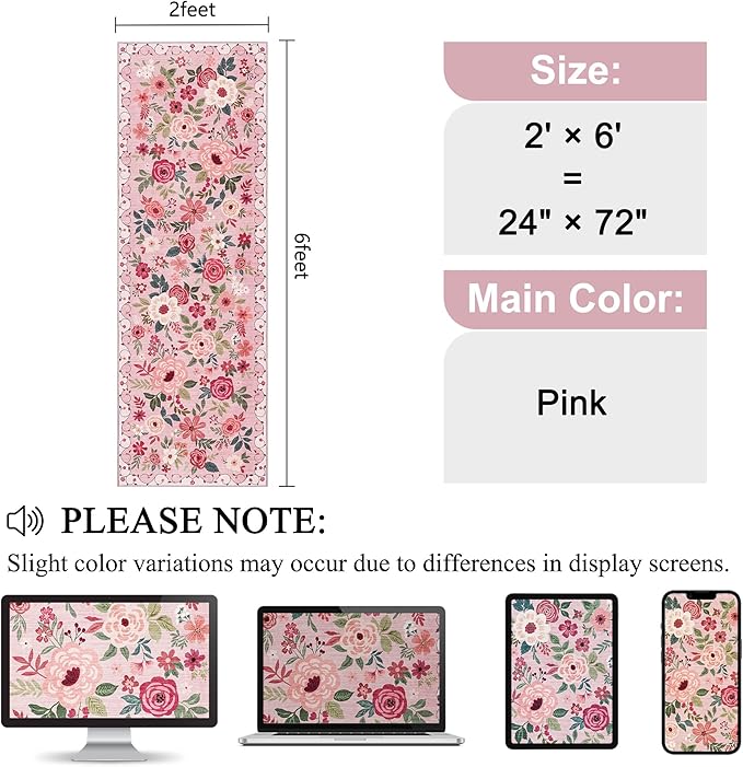 DUKINO 2x6 Kitchen Runner Rug for Hallway, Washable Runner Rug with Non Slip Backing, Low Pile Soft Boho Floral Carpet for Girls Room, Kitchen, Entryway, Laundry, Bedroom, Pink