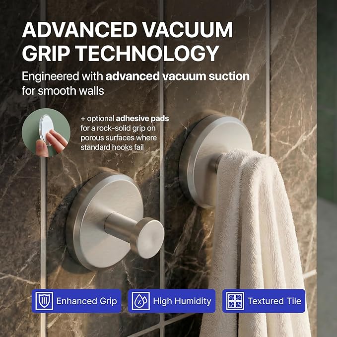 HOME SO Suction Cup Hooks for Shower & Bathroom Towel Holder 2-Pack – Suction Cups Hooks for Hanging Towels, Robes, & Coats - Tiles, Glass Door or Mirror – Shower Hooks & Towel Hooks Organizer -Nickel