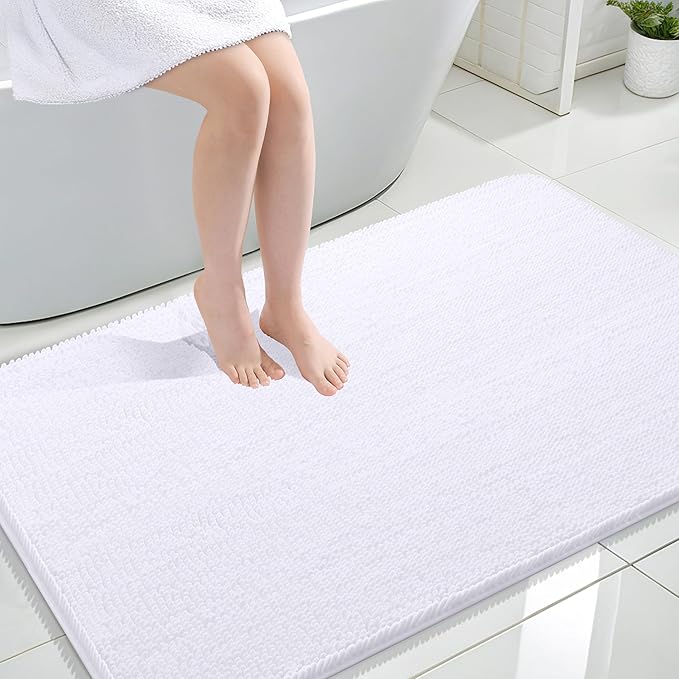 OLANLY Large Bathroom Rugs 47x32, Extra Soft Absorbent Chenille Bath Rugs, Rubber Backing Quick Dry, Machine Washable Bath Mats for Bathroom Floor, Tub and Shower, Home Decor Accessories, White