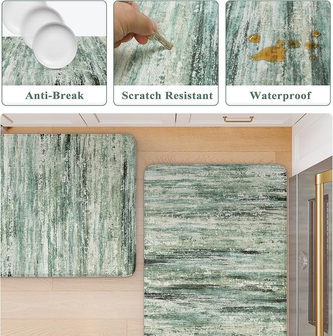 KIMODE Anti Fatigue Kitchen Mats for Floor 20"x47"+20"x32", Cushioned Abstract Kitchen Rugs Sets of 2, Padded Kitchen Floor Mats, Comfort Standing Mats for Laundry Office Sink Desk Green