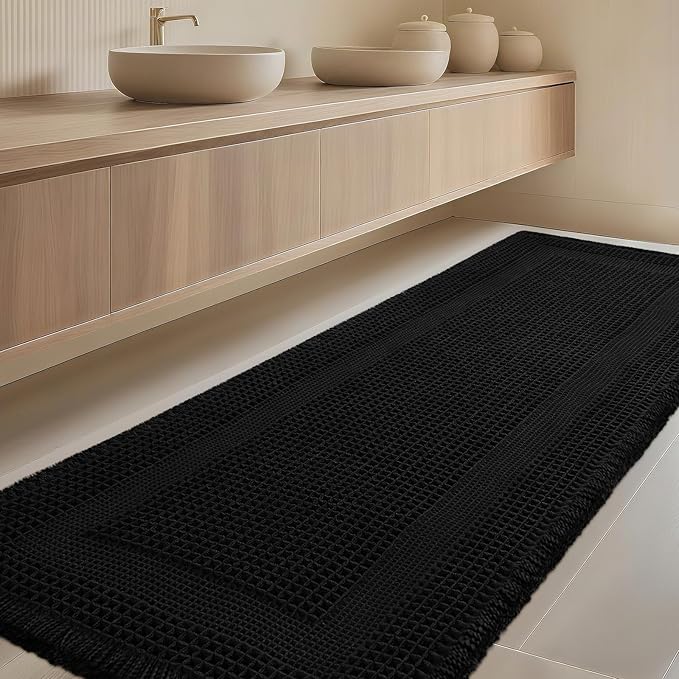 IM HOME Extra Large Waffle Bath Mat, Boho Bathroom Rugs Absorbent Non Slip, Soft Bathroom Mats, Machine Washable Knit Bath Rugs with Tassels for Bathroom, Bedroom, Kitchen, Shower, Tub, Black, 6'x2'