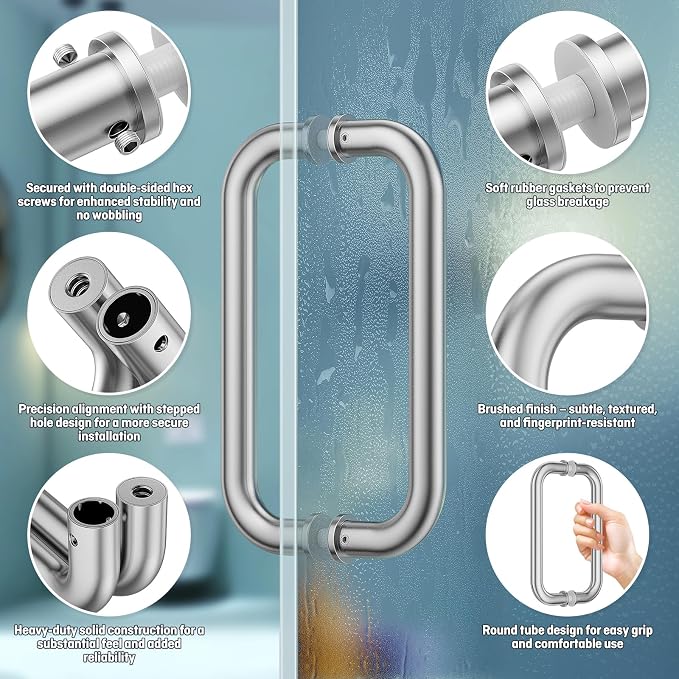 Ranbo Brushed Nickel 8" CTC Tubular Back-to-Back Shower Door Handle,Heavy-Duty 1.0mm Thick 304 Stainless Steel, for 1/4"- 1/2" Thick Glass and 1-3/8" - 2-1/6" Thick Wooden or Metal Doors