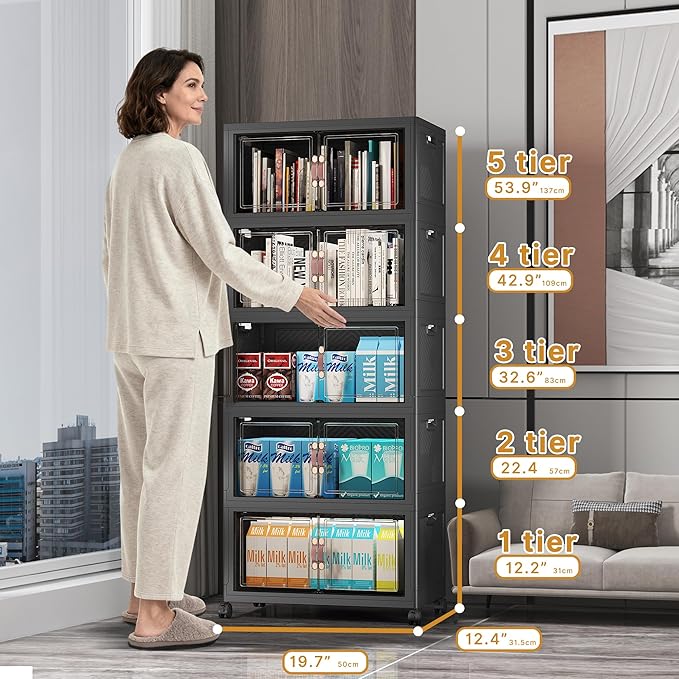 UAMFURI Stackable Storage Bins with Lids, 275QT Closet Organizers and Storage with Doors and Wheels, Extra Large Storage Cabinet, Collapsible Plastic Drawers for Bedroom Office Garage