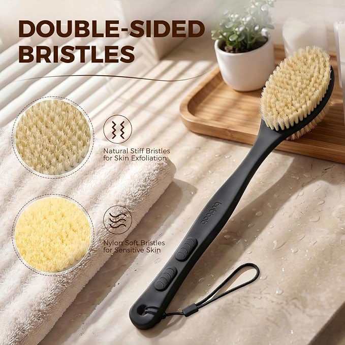 Back Scrubber for Shower with Long Handle, Exfoliating for Body,Black | Double Sided Bristles (Stiff & Soft), Anti-Slip Grip, Lightweight - Gift for Seniors, Includes Lanyard & Hook