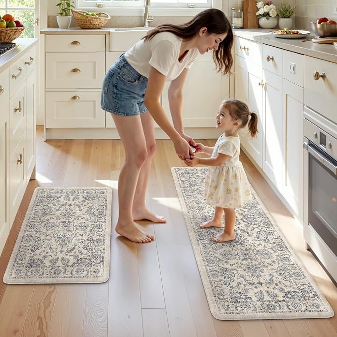 KIMODE Kitchen Mats for Floor Cushioned Anti Fatigue 2 Piece,Boho Floral Kitchen Rugs Non Slip 20" x 59"+20" x 32",Wide Memory Foam Kitchen Mat Carpet for Laundry Office Home,Blue