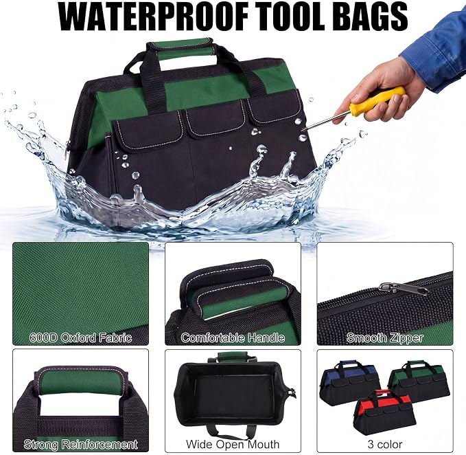 Sanwuta 3 Pack Tool Bag for Men with Waterproof Hard Bottom, Heavy Duty Tool Bag Wide Mouth Tote for Various Instrument, Electrician Carpenter Mechanic(Red, Army Green, Blue,16 Inch,Side Pockets)