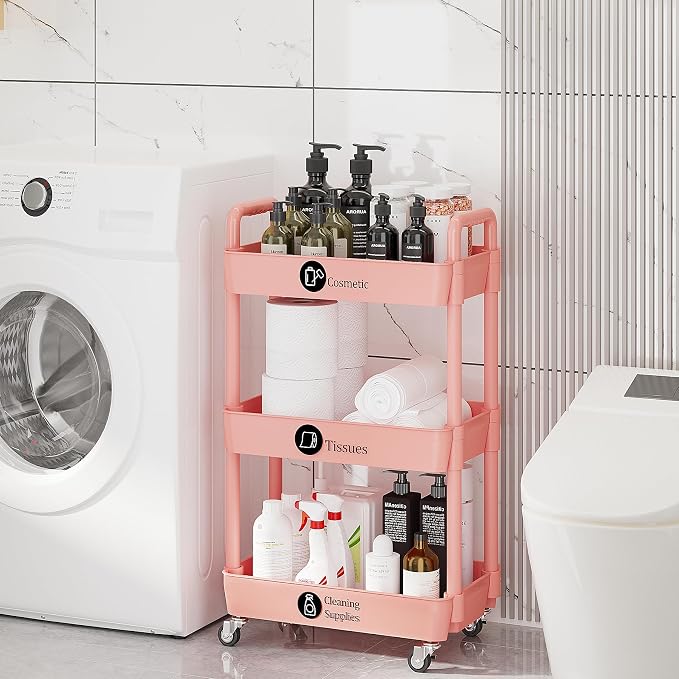 Laiensia 3-Tier Rolling Cart with Wheels,Multifunction Utility Storage Carts, Kitchen Storage Organizer,Mobile Shelving Unit for Bathroom,Laundry,with Classified Stickers,Pink