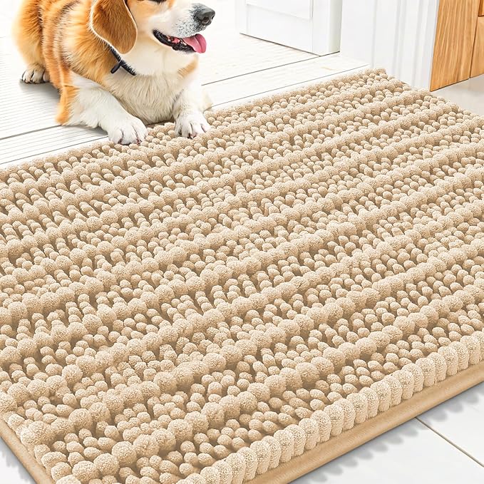 Smiry Dog Door Mat for Muddy Paws 30x20, Absorbent Dirt Trapper, Non-Slip Washable Chenille Entryway Rug for Inside Floor, Beige, Layered Pattern