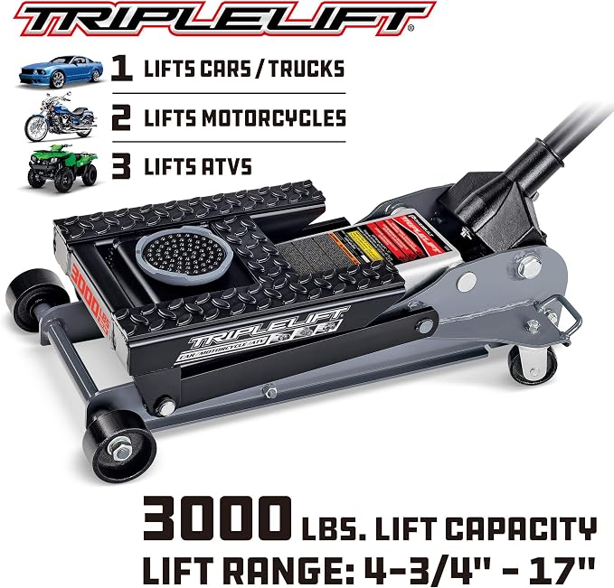 Powerbuilt 3000 Pound Triple Lift Garage Jack, Heavy Duty Vehicle, Truck, Car, Motorcycle, Transmission Lift, 1.5 Ton Capacity, 620622