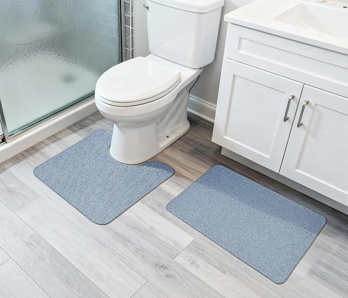 Bosap Bathroom Rugs Set 2 Pieces,Thin Bathroom Mats,Toilet Rugs,Quick Dry,Non-Slip,Machine Washable,Low Pile,Absorbent Bath Mats,Shower,Sink,Home Decor Accessories.Blue,1'5"x2'3"+1'8"x2" U Shape