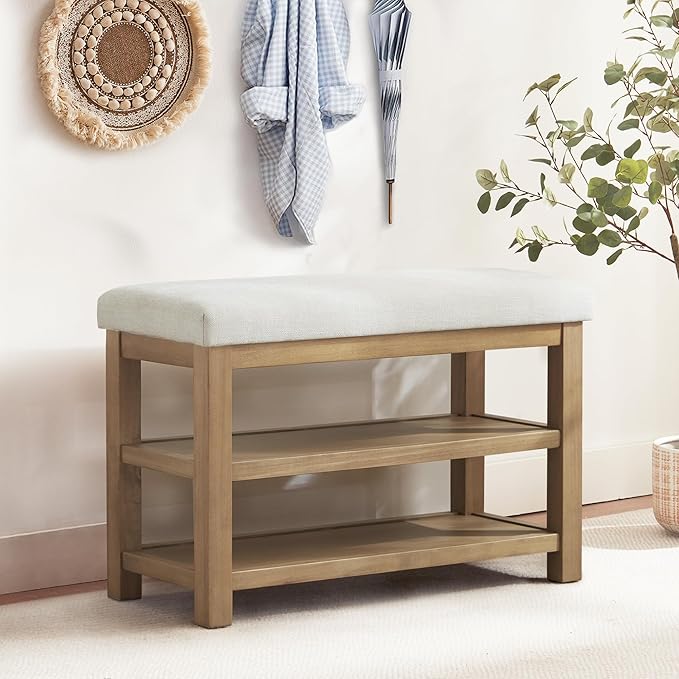 Zihanhome 2 Tier Shoe Rack Bench with Cushion, Solid Wood Shoe Benches, Mid-Century Modern Shoe Storage Bench for Entryway, Hallway, Living Room, Closet, Front Door Entrance, (Beige, 31.5")
