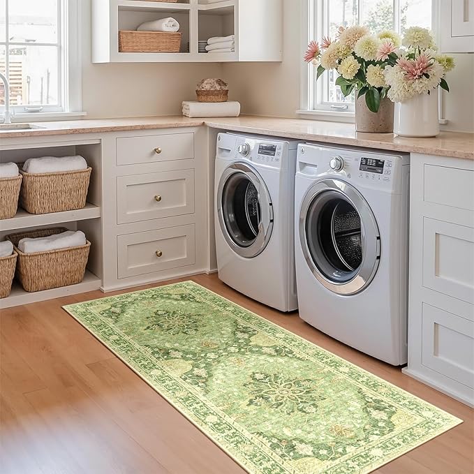 RELEANY Area Rugs Runner 2'x5' Washable Non-Slip, Floral Vintage Distress Medallion Carpet for Kitchen Hallway Bedroom Beside Laundry Room Bathroom, Sage Green Yellow