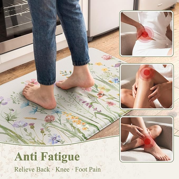 KIMODE Anti Fatigue Kitchen Mat for Floor, Farmhouse Floral Kitchen Rugs Sets of 2, Kitchen Floor Mats Non-Slip, Cushioned Standing Mat for Sink, Laundry, Desk, Home White 17"x47"+17"x29"