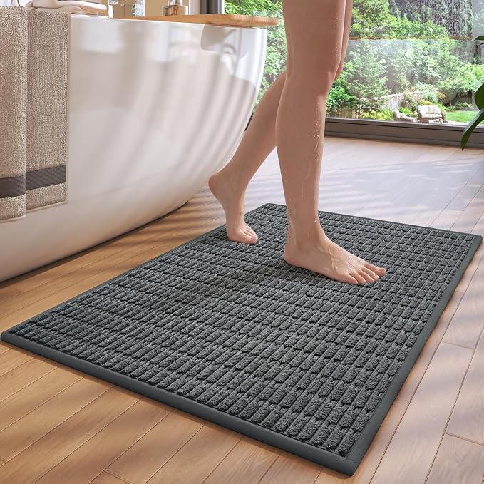 Non-Slip Bath Mat with Rubber Backing, Washable Thin Bath Mats for Bathroom Floor, Absorbent Bathroom Rugs, Quick Dry, Fits Under Door Dark Grey 20x32
