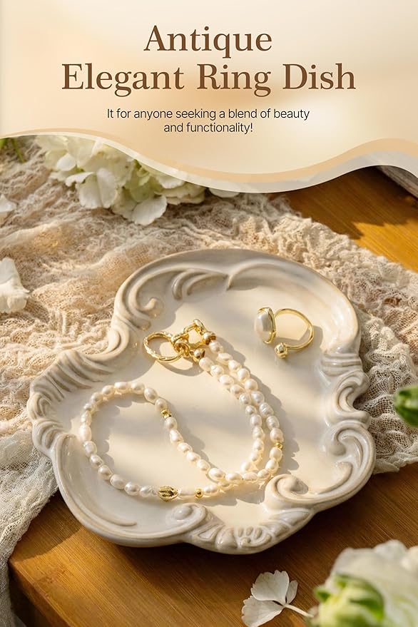 LYEOBOH Jewelry Tray, Ceramic Trinket Dish, Jewelry Dish for Rings Earrings Decorative Trinket Tray, Key Bowl, Retro, Vintage, Friendship Gifts for Mom Sister Birthday Christmas Housewarming, Beige