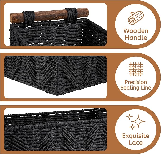 Bathroom Baskets for Organizing with Handle Decorative Basket for Bathroom Countertop Storage Toilet Paper Storage Basket for Toilet Tank Top Small Baskets Set,Black