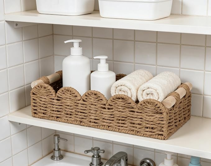 CubesLand Toilet Paper Storage Basket Organizer, Small Wicker Toilet Tank Top Decorative Baskets for Countertop, Handwoven Scalloped Basket w/handle for Home Decor, Living Room, Bedroom, Neutral