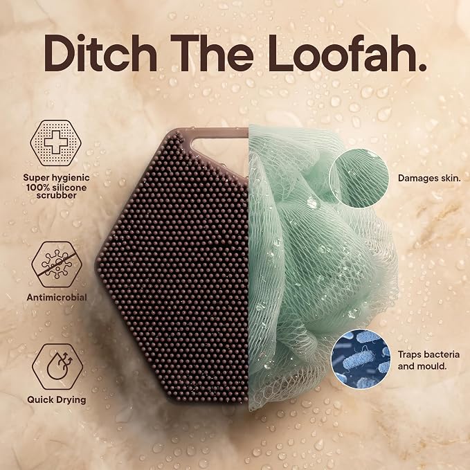 TOOLETRIES Premium Silicone Body Scrubber 2.0, Hygienic Loofah Alternative, Exfoliating Shower Scrubber for Sensitive Skin, Quick Drying & Long-Lasting Bathroom Essentials for Men & Women - Chocolate