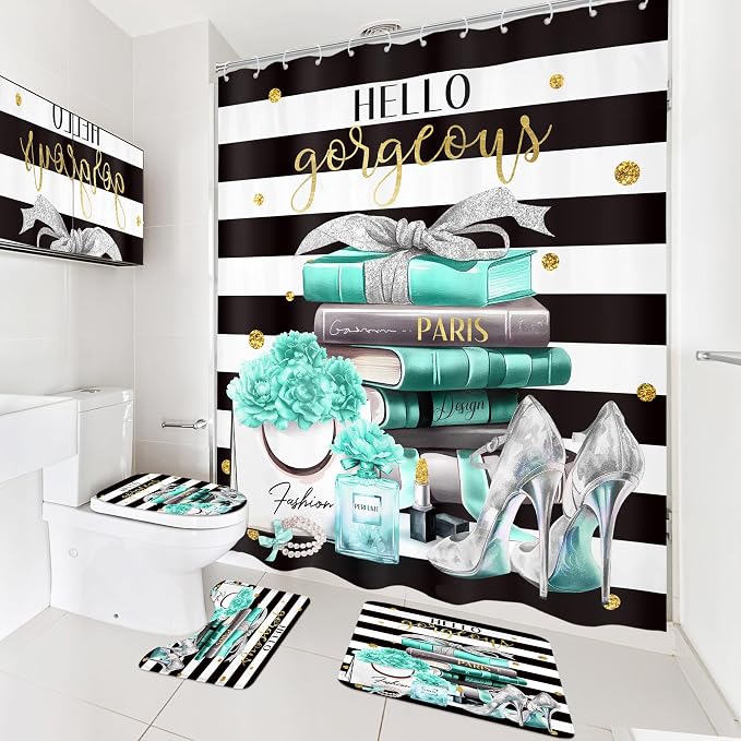 4Pcs Black and Teal Shower Curtain Set,Modern High Heels Striped Magazine Book Bathroom Curtain with Rug, Toilet Lid Cover, Bath Mat,Floral Flower Perfume Shower Curtain with 12 Hooks