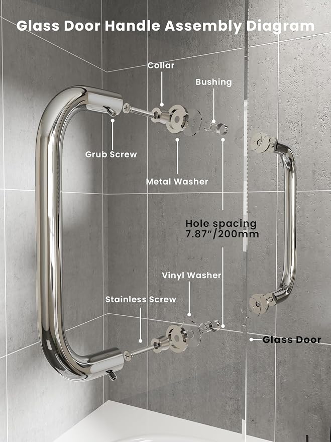 Shower Door Handle, 8 Inch Hole Centers (CTC), 304 Stainless Steel Back-to-Back Glass Door Pull Replacement Hardware for Frameless Sliding Bathroom Doors, Heavy Duty Tubular Grip, Chrome Silver