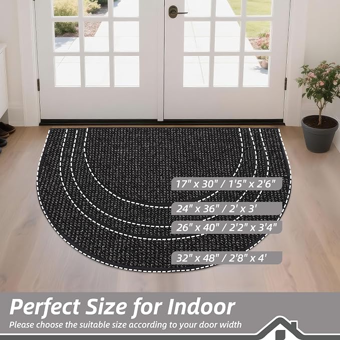 BEQHAUSE Dirt Trapper Door Mat 26" x 40" Half Circle Non-Slip Washable Doormats Entrance Rugs Absorbent Welcome Low Profile Floor Mats for Front Back Door and Entryway, Black