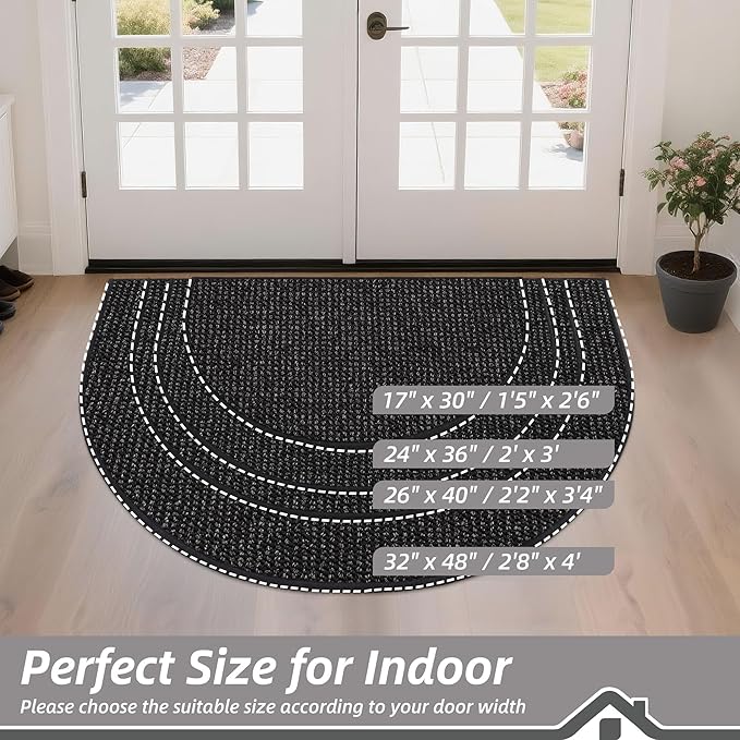 BEQHAUSE Dirt Trapper Door Mat 32" x 48" Half Circle Non-Slip Washable Doormats Entrance Rugs Absorbent Welcome Low Profile Floor Mats for Front Back Door and Entryway, Black