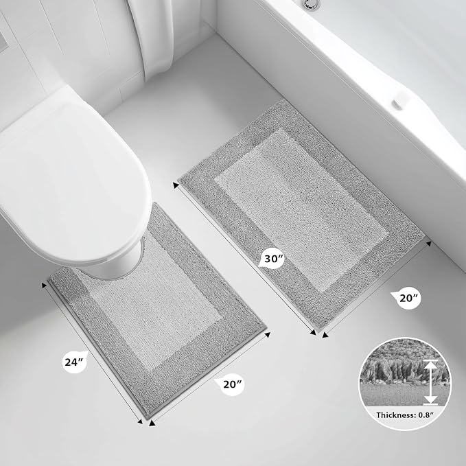 anllugs Bathroom Rugs U-Shaped 20" x 24", Non-Slip Extra Soft Absorbent Bath Rugs, Machine Washable Quick Dry Bath Mats for Toilet Base, Light Grey & Grey