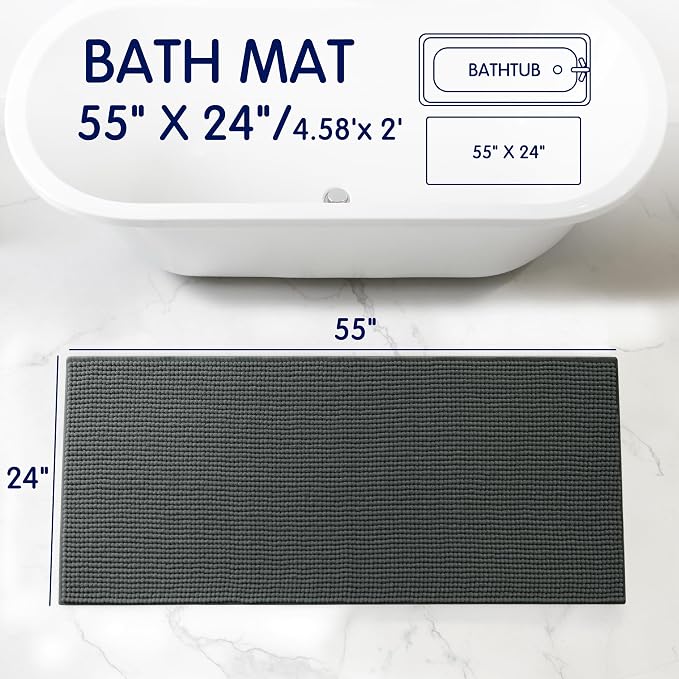 SUBRTEX Bathroom Rugs, 24" x 55" Chenille Bath Rug Soft Short Plush Bath Mat Soft Shower Mat Water Absorbent Shower Mat Quick Dry Machine Washable, Gray