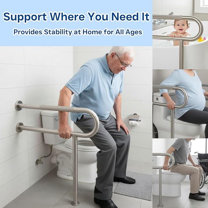 30 Inch Toilet Grab Bar with Leg for Bathroom, Wall & Floor Mounted Stainless Steel Handicap Grab Bar, Brushed Nickel Anti-Slip Knurled Grip, Safety Rail for Elderly, Disabled and Pregnant