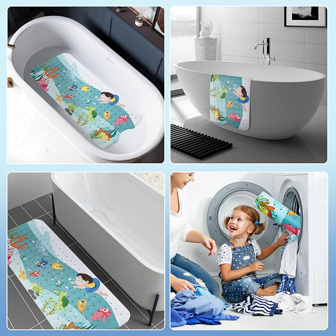 Baby Bath Mat for Tub Non Slip Kids Bathtub Mat Extra Long 40X16 Inch Toddler Bath Tub Shower Mat Anti Slip with Suction Cups & Drain Holes, Machine Washable,Seaworld