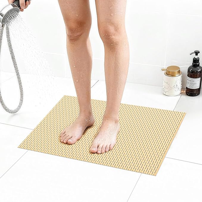 Extra Large Non-Slip Shower Mat, Fast-Dry PVC Bath Stall & Tub Mat, Drain-Hole Design,for Shower Stall Tub for Elderly/Kids，Non Slip Bathroom Safety Accessory，Beige 16"x24"