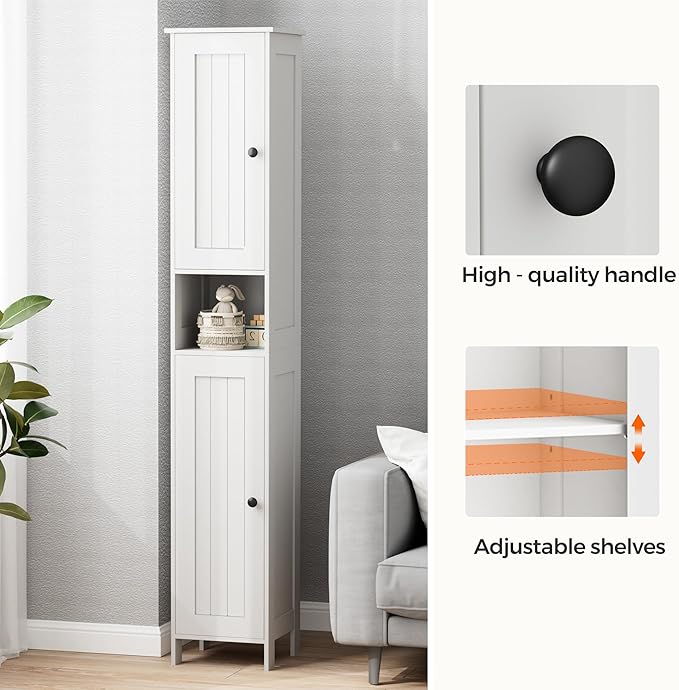 Homleke Tall Bathroom Storage Cabinet with 2 Doors, 67"H Narrow Storage Cabinet with Adjustable Shelves& Anti-Tip Design, Reversible Door Installation, Easy Assembly, 11.8 x 11.8 x 66.9 Inches, White