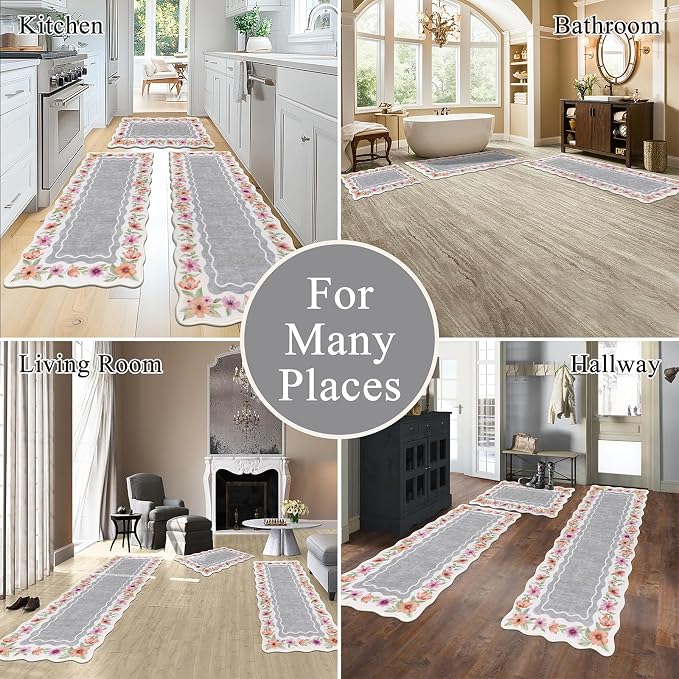 Vaukki Boho Kitchen Rug Sets 3 Pieces, Washable Kitchen Mats for Floor, Non Slip Soft Kitchen Area Rug Floor Mat for Kitchen, Laundry Room and Hallway (Flower-Grey, 20''x32''+20''x47''+20''x59'')