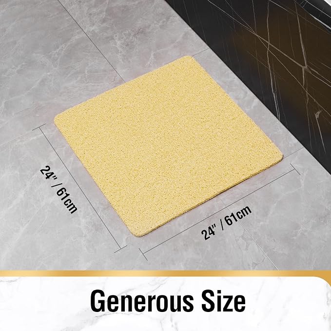 HITSLAM Non Slip Bathtub Mat 24 x 24 Inch, Extra Long Bath Mat for Tub, Soft PVC Loofah Shower Floor Mat with Drain, Quick Drying Bathroom Tub Mat for Wet Area, Without Suction Cup, Beige