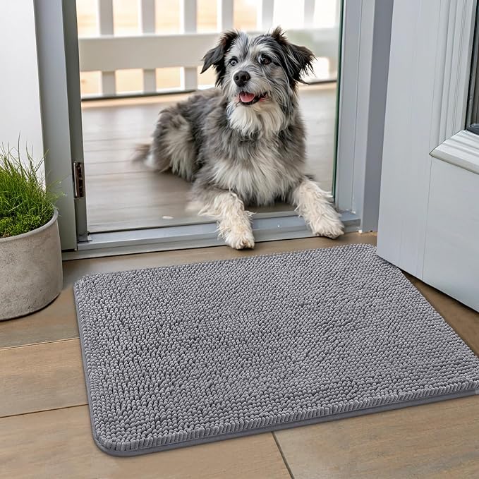 Smiry Dog Door Mat for Muddy Paws 24x16, Absorbent Dirt Trapper, Non-Slip Washable Chenille Entryway Rug for Inside Floor, Grey, Classic Solid