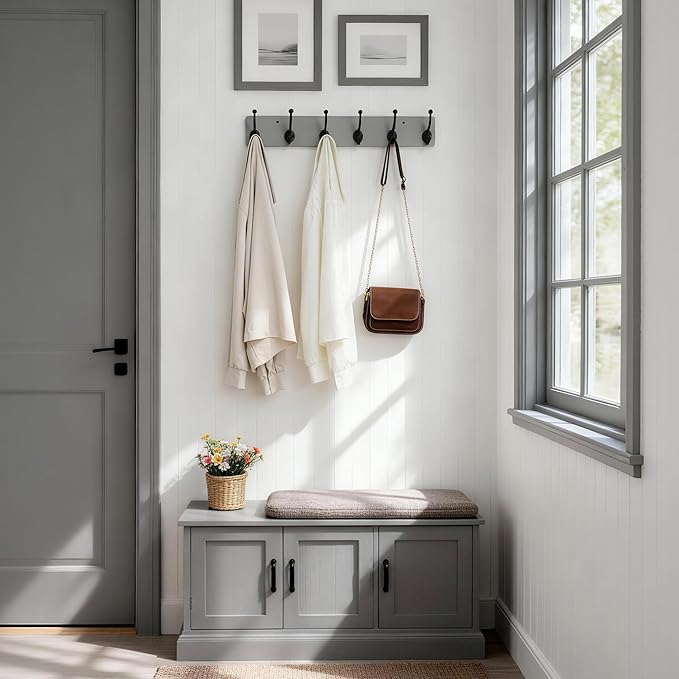 WEBI Rustic Coat Rack Wall Mount,24" Long 6 Cast Iron Coat Hooks Wall Mounted,Heavy Duty Wood Wall Coat Hanger Hooks for Hanging Coats,Jacket,Clothes,Backpack,Farmhouse,Gray